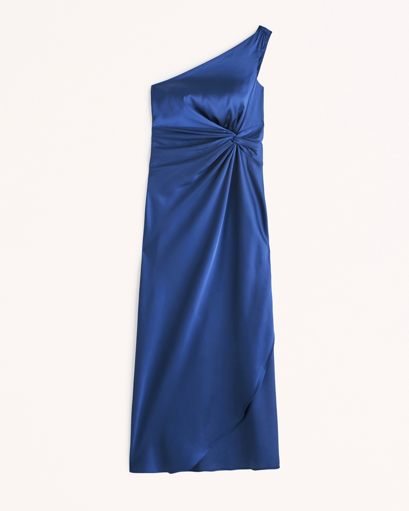 Image of One-Shoulder Satin Knotted Midi Dress