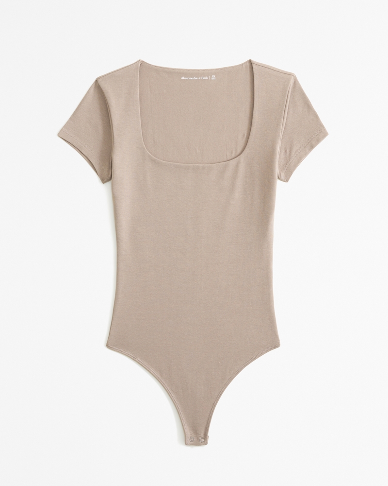 Image of Short-Sleeve Cotton-Blend Seamless Fabric Squareneck Bodysuit