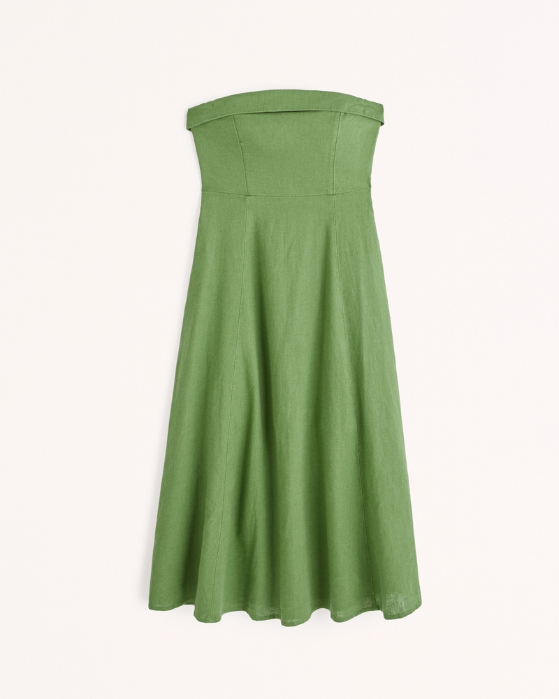 Image of Strapless Linen-Blend Midi Dress