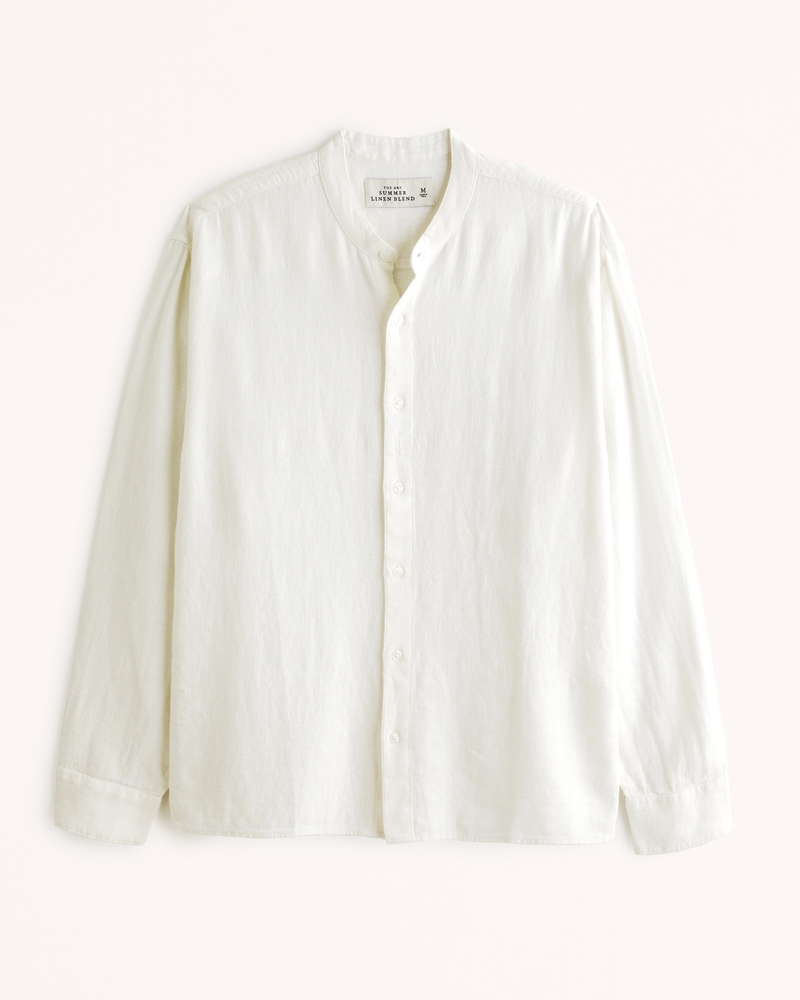 Image of Banded Collar Summer Linen-Blend Shirt