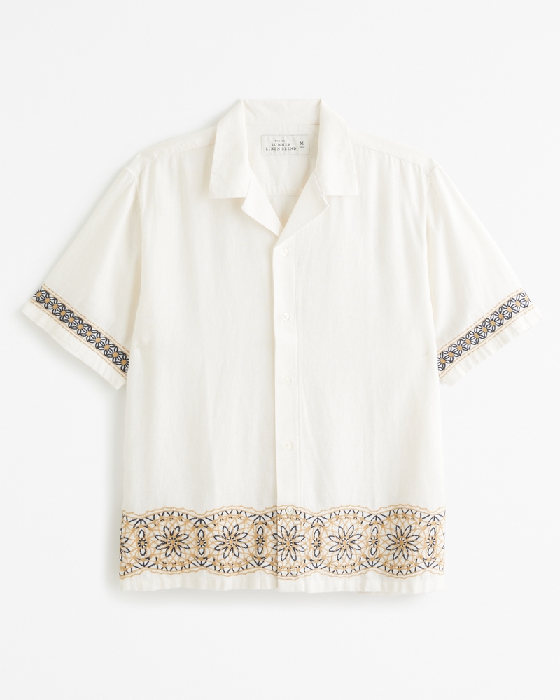 Image of Camp Collar Summer Linen-Blend Embroidered Shirt